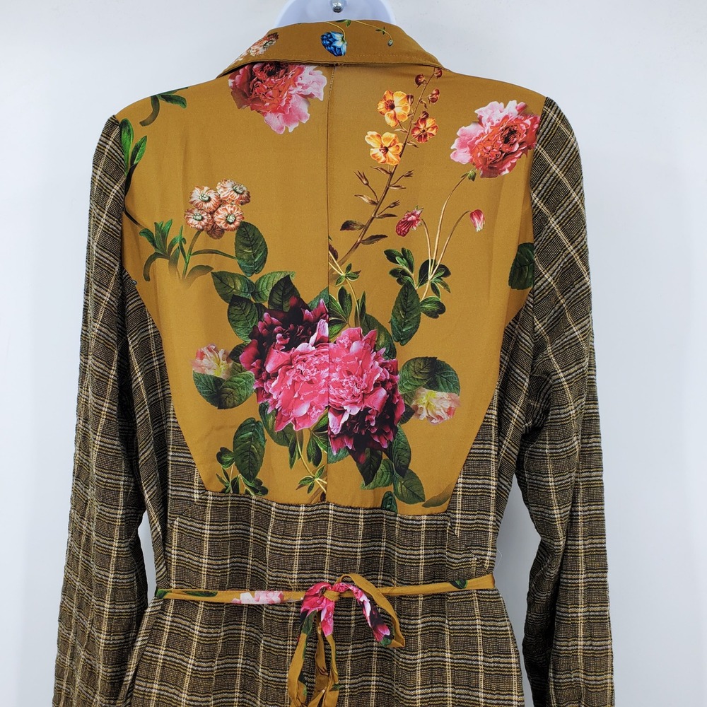 Alembika Floral Plaid Mixed Media Midi Dress Brown 4 Lagenlook Artsy Cottagecore - Picture 12 of 13